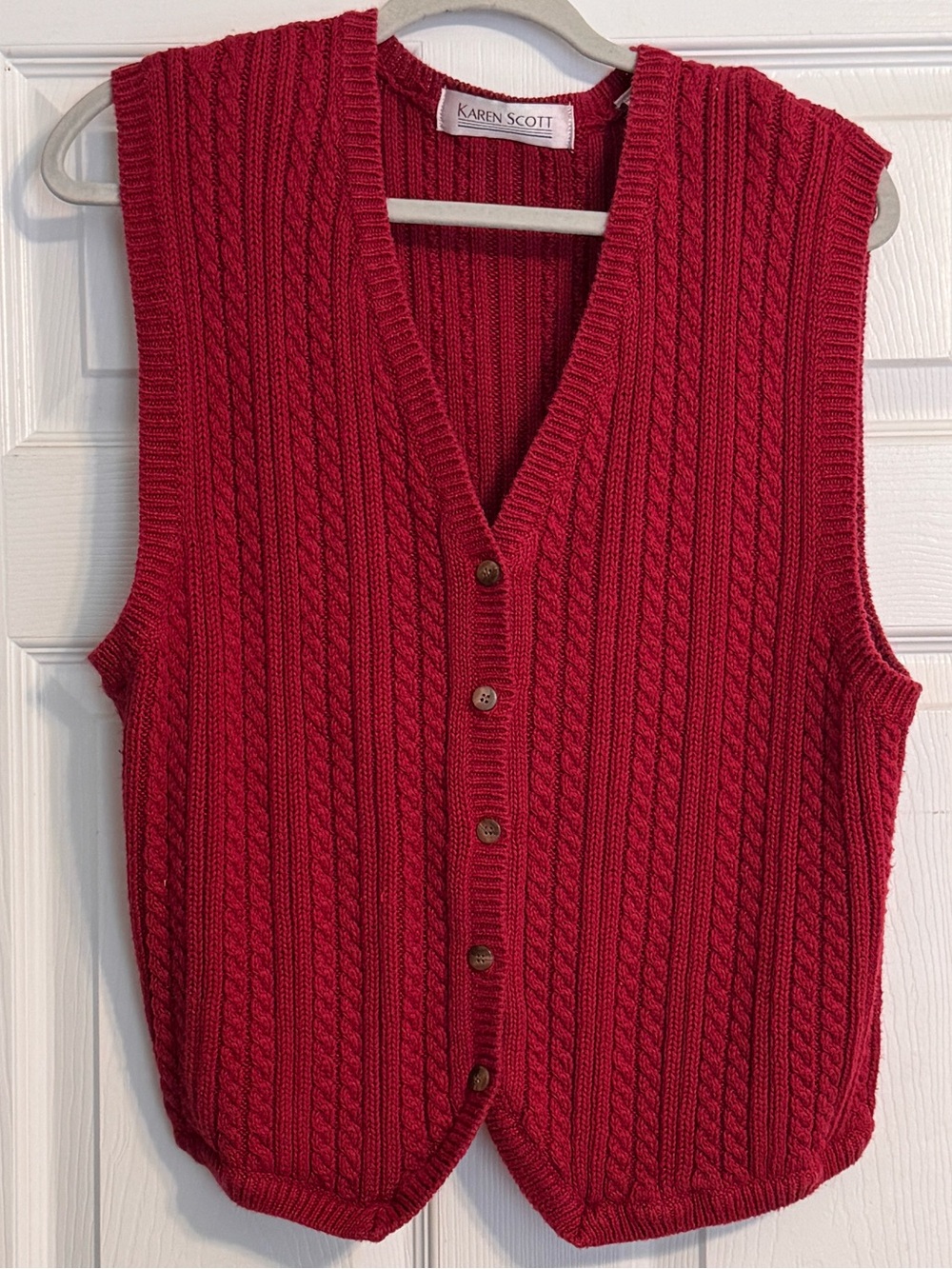 Vintage Karen Scott Red V-neck Sleeveless Cable Knit Button Sweater Vest Large